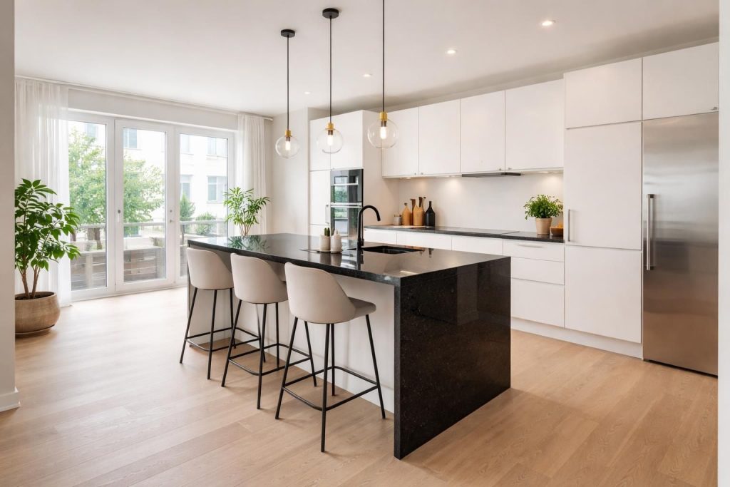 découvrez comment moderniser votre appartement avec une cuisine ouverte ikea élégante et un îlot central en granit noir zimbabwe pour un style contemporain et fonctionnel.