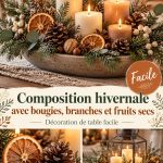 Composition hivernale de bougies, branches et fruits secs sur une table