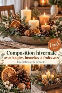 Composition hivernale de bougies, branches et fruits secs sur une table