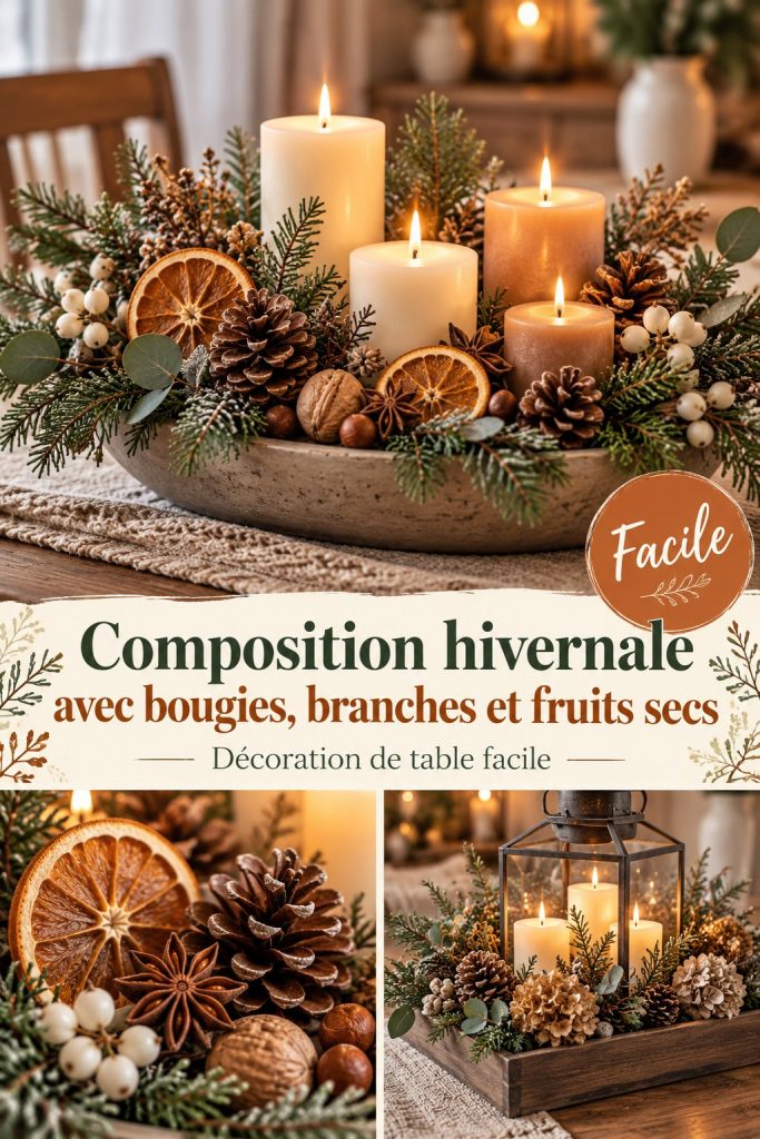 Composition hivernale de bougies, branches et fruits secs sur une table