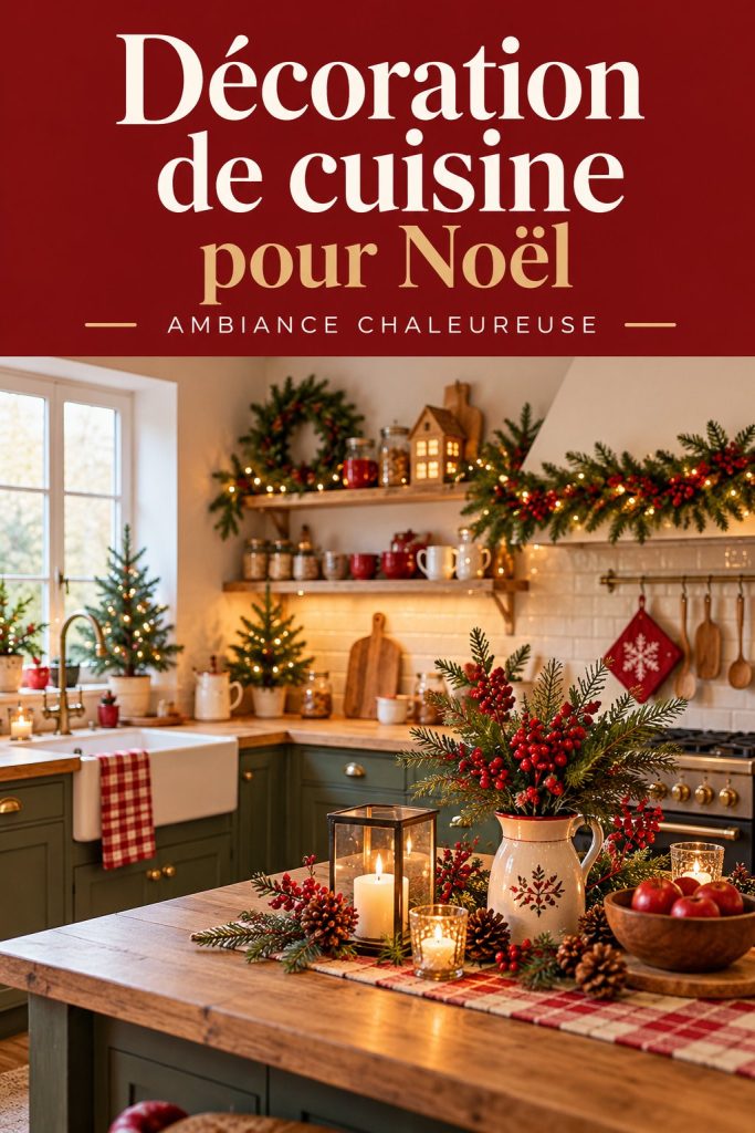 Une cuisine décorée pour Noël avec des éléments traditionnels et chaleureux