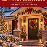 Décoration extérieure de Noël avec guirlandes lumineuses et couronnes naturelles sur une maison.