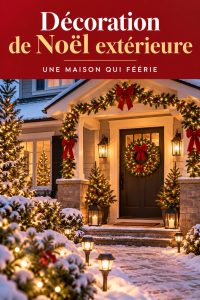 Décoration extérieure de Noël avec guirlandes lumineuses et couronnes naturelles sur une maison.