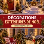 Jardin décoré pour Noël avec des lumières scintillantes et des accessoires festifs.