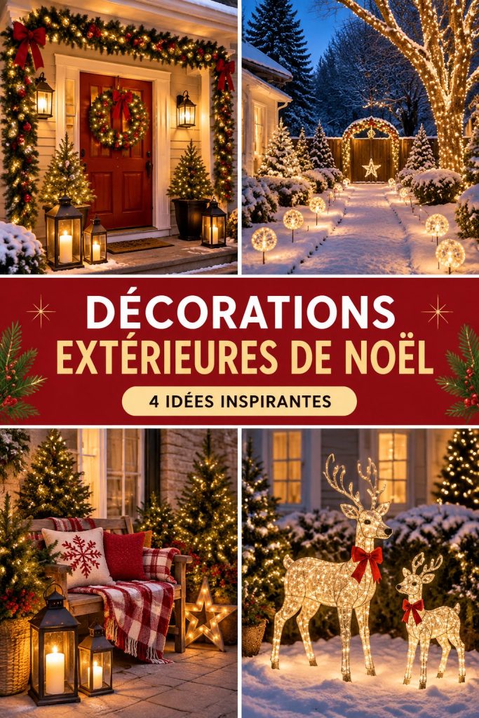 Jardin décoré pour Noël avec des lumières scintillantes et des accessoires festifs.