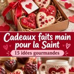 Une collection de cadeaux faits main pour la Saint-Valentin, comprenant des objets artisanaux et personnalisés.