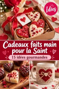 Une collection de cadeaux faits main pour la Saint-Valentin, comprenant des objets artisanaux et personnalisés.
