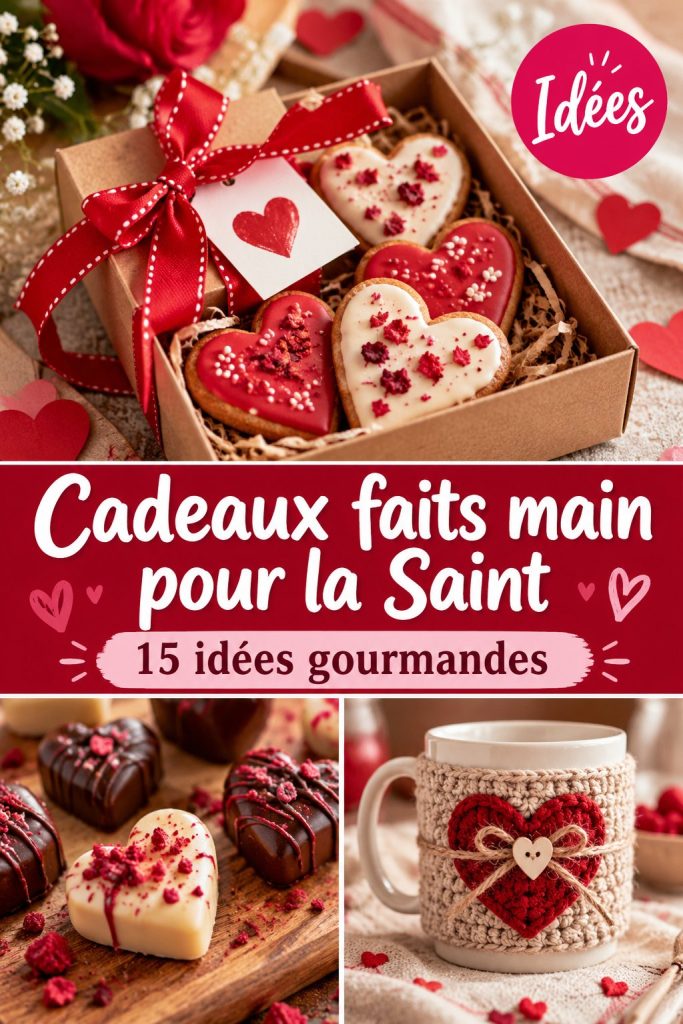 Une collection de cadeaux faits main pour la Saint-Valentin, comprenant des objets artisanaux et personnalisés.