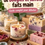 Bougies artisanales colorées et savons faits main exposés sur une table en bois.
