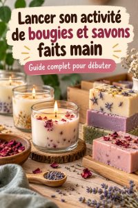 Bougies artisanales colorées et savons faits main exposés sur une table en bois.